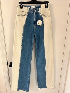 Bershka Two-Tone Straight Leg Jeans in Blue & Cream
